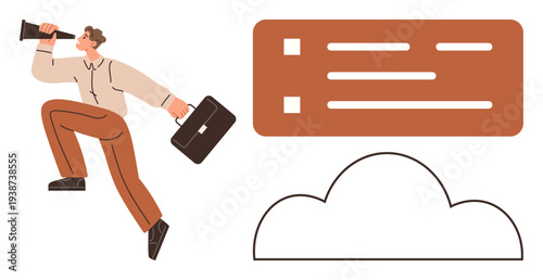Business growth, communication, organization, task management, cloud technology, data services. Man with megaphone and briefcase near task list and cloud icons. Business growth and communication