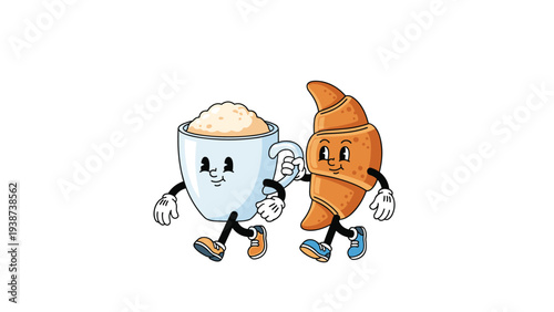 Cheerful retro cartoon characters depicting a flaky croissant and a delicious coffee cup, happily walking side-by-side, symbolizing a perfect breakfast pairing, isolated on white.