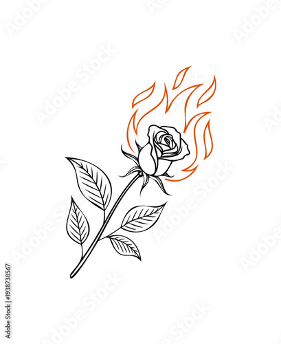 Burning Rose Vector Illustration – Flaming Flower Tattoo Design with Fire