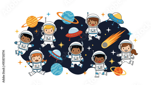 Diverse group of joyful children astronauts floating happily among planets, rockets, and flying saucers in a vibrant starry outer space.