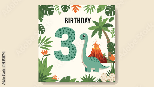 Cheerful birthday card for a three-year-old, featuring an adorable dinosaur, erupting volcano, lush palm trees, and tropical foliage.