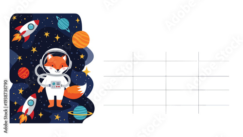 Adorable astronaut fox floating in cosmic space surrounded by planets and rockets, offering a charming blank template for notes or a timetable.
