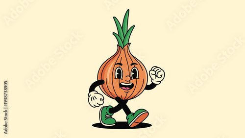 Cheerful retro cartoon onion character with a happy smiling face and green sprouts, confidently walking forward.