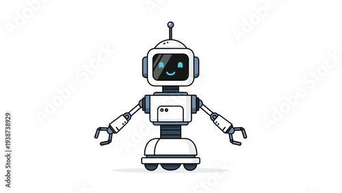 Friendly and modern white robot character with blue accents, a smiling digital face, and open arms, ready to interact.