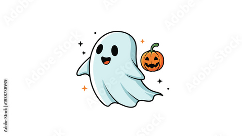 Adorable cartoon ghost with a friendly smile, happily floating alongside a small jack-o'-lantern, surrounded by twinkling stars.