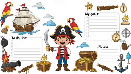 Engaging pirate-themed planner template featuring a cheerful pirate boy, a sailing ship, treasure, and various adventure elements for goals and notes.