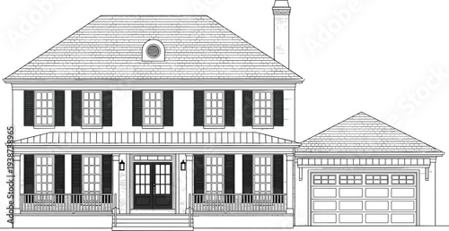 Detailed black and white house elevation with porch, shutters and garage, architectural blueprint style residential facade illustration isolated on white background, classic home design concept