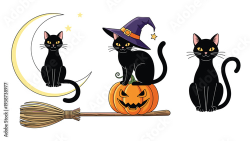 Trio of enchanting black cats depicted in various Halloween settings: perched on a crescent moon, atop a pumpkin with a witch hat, and sitting.