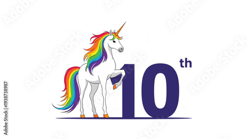 Grand tenth birthday celebration featuring a majestic unicorn with a flowing rainbow mane, standing proudly beside the number "10th".