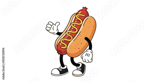 Cheerful retro cartoon hot dog character with a zig-zag of mustard, happily walking and waving its hand.