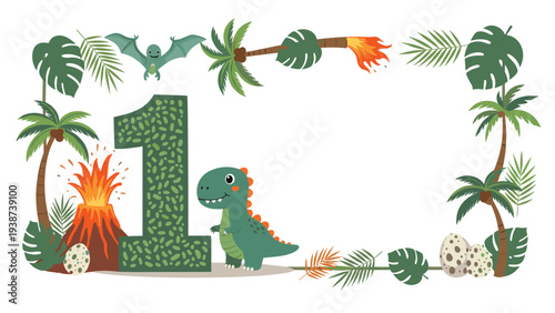 Charming first birthday celebration frame featuring an adorable green dinosaur beside the large number 1, surrounded by erupting volcanoes, palm trees, and dinosaur eggs.