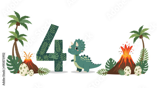 Festive fourth birthday celebration featuring an adorable green triceratops dinosaur beside the large number 4, surrounded by erupting volcanoes, palm trees, and dinosaur eggs.