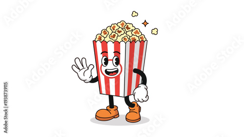 Cheerful retro cartoon popcorn box character with classic red and white stripes, happily waving its hand in a friendly greeting.