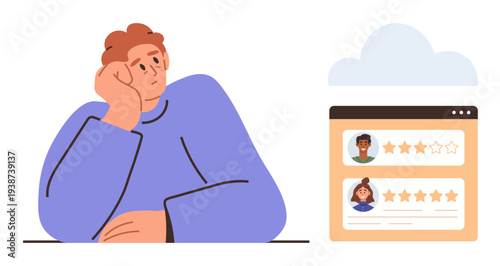Consumer behavior, digital feedback, online ratings, user experience, decision-making, customer satisfaction. Person reflecting next to a screen displaying star ratings. Consumer behavior and online