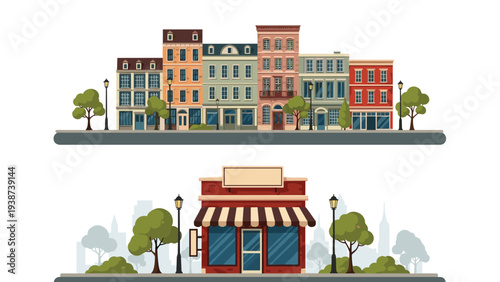 Collection of two distinct urban cityscape illustrations, one featuring a charming row of buildings, and the other a cozy single storefront.
