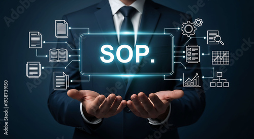 Businessman holding SOP standard operating procedure sign with business icons