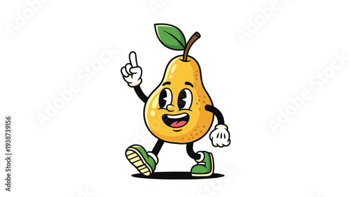 Cheerful retro cartoon pear character with a happy smiling face, walking and pointing upwards with a friendly gesture.