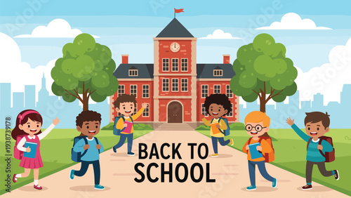 Diverse group of enthusiastic children with backpacks running and waving towards a vibrant school building on "BACK TO SCHOOL" day.
