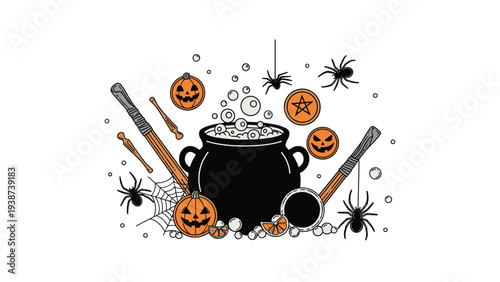 Spooky Halloween scene featuring a bubbling cauldron filled with potion, surrounded by smiling pumpkins, spiders, and witch's broomsticks.