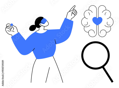 Woman pointing and holding a small object, brain with heart at center symbolizing empathy, and magnifying glass signifying focus. Ideal for creativity, innovation, empathy, research, mindfulness