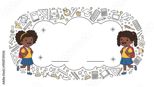 Two joyful African American schoolgirls with backpacks, surrounded by a whimsical cloud-shaped blank space and various school-themed doodles.