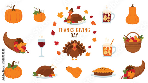 Festive collection of traditional Thanksgiving Day elements, including roasted turkeys, pumpkins, apple pie, a cornucopia, and warm beverages.