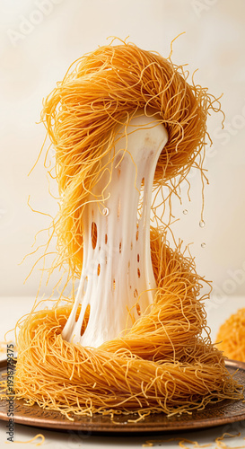 Melted cheese stretching from crispy baked vermicelli noodle nest dessert