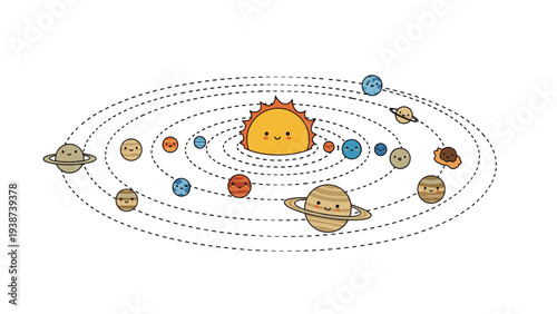 Adorable cartoon solar system featuring happy, smiling planets orbiting a cheerful sun, illustrating planetary motion.