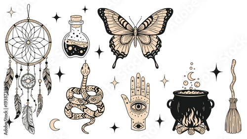 Intricate collection of mystical and magical witchy elements, featuring a dreamcatcher, potion, butterfly, snake, hamsa hand, bubbling cauldron, and broomstick in earthy tones.