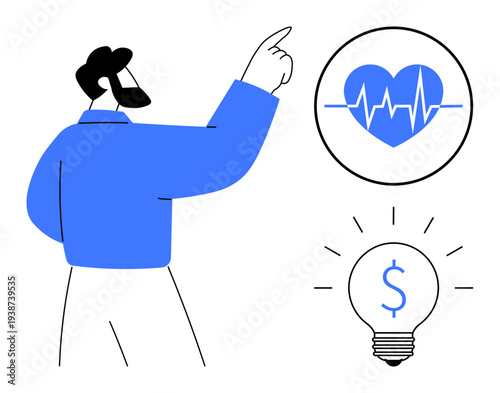 Business solutions, health innovation, financial planning, modern healthcare, creative growth, idea generation. Male figure pointing at a heart and dollar sign lightbulb. Business solutions