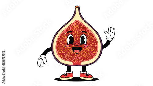Unique retro cartoon fig fruit character, cut in half to show its seeds, with a happy smiling face, enthusiastically waving its hand.