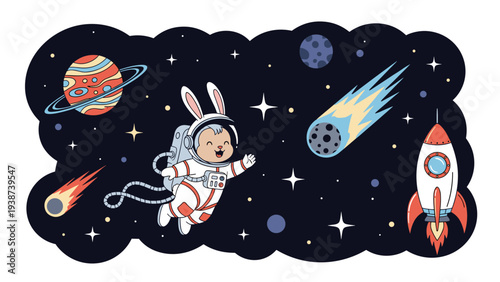 Adorable cartoon rabbit astronaut wearing bunny ears, happily floating in cosmic space, surrounded by planets, a comet, and a rocket.