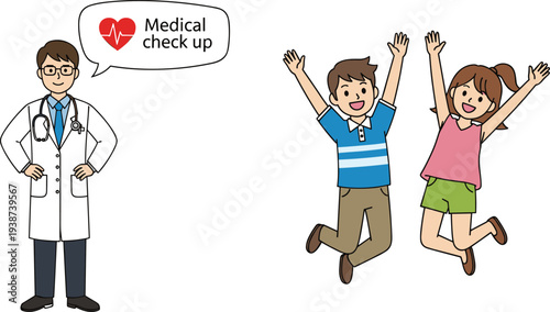 Doctor medical checkup illustration with stethoscope and speech bubble, happy children jumping, healthcare concept, pediatric wellness, family health care, cartoon vector design