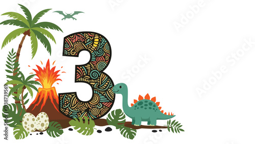 Vibrant dinosaur-themed birthday design featuring a patterned number three, a volcano, dinosaur eggs, lush palm trees, and a friendly stegosaurus.