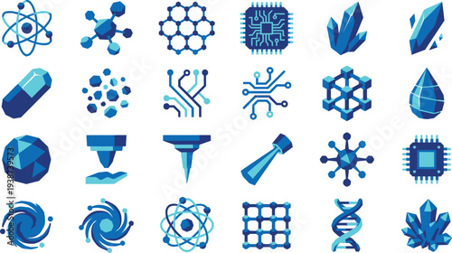 Collection of blue icons representing nanotechnology, chemistry, science, and advanced digital technology concepts.