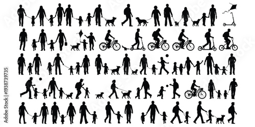 Family silhouette, children playing, adults walking, parents with kids, outdoor recreation, dog walking, cycling, scooter riding, kite flying, flat vector illustration