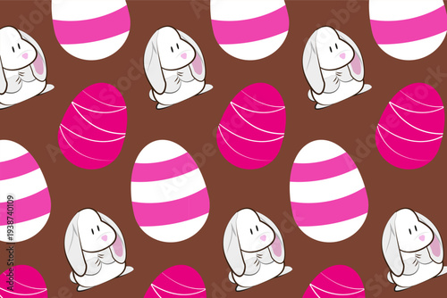 Patrón sin costuras con diseño de conejo y huevo de Pascua color rosa en un fondo color café.