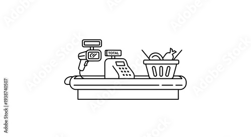 Supermarket checkout counter with scanner, cash register, and shopping basket with groceries, line art icon.