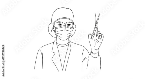 Surgeon in surgical mask and cap holding scissors, medical professional, line art illustration