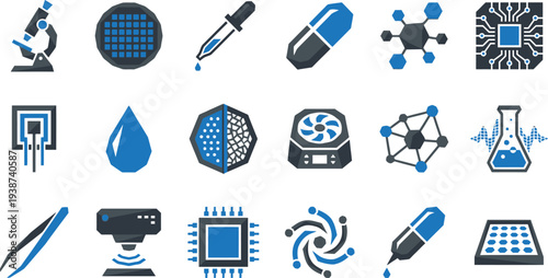 Collection of blue and black icons representing science, technology, chemistry, and digital innovation concepts.