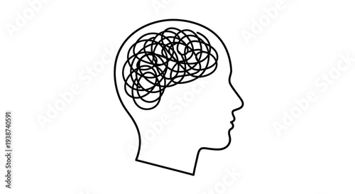 Tangled Brain in Head Silhouette - Mental Health, Confusion, Stress, Overthinking Concept