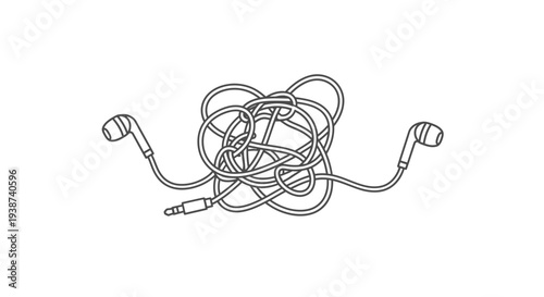 Tangled Earbuds Line Art Illustration