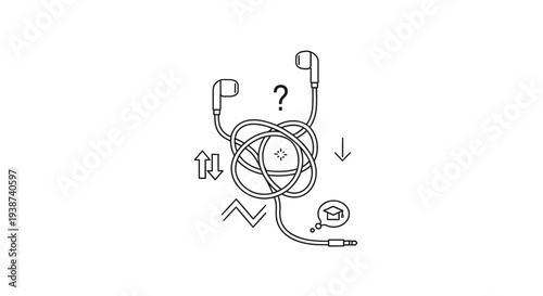 Tangled Earphones with Question Mark and Graduation Cap Icon: Study or Learning Confusion