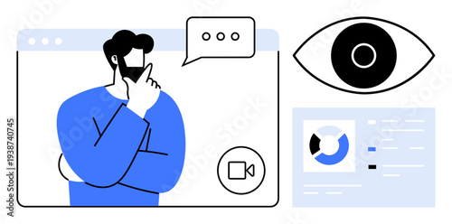 Virtual communication concept. Virtual tools highlight online video interaction and privacy monitoring. Virtual platforms supporting data analysis, business communication, and e-learning. For tech