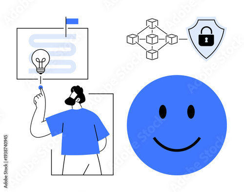 Digital innovation. Digital innovation combining blockchain networks, data security, and idea generation for efficient solutions. Digital innovation fostering creativity for business, tech