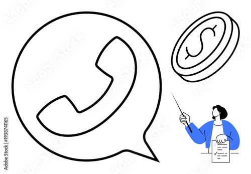 Phone in speech bubble, coin with dollar sign, person presenting document. Ideal for business communication, financial consulting, customer service, sales, marketing, consulting simple flat metaphor