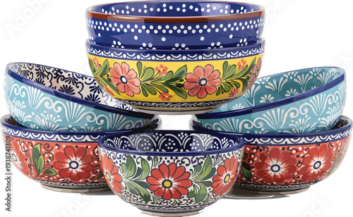 Colorful decorative ceramic bowls with floral patterns stacked together traditional pottery dishware illustration kitchen tableware design folk art style