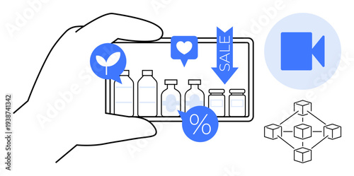 E-commerce, digital marketing, online sales, technology, business analytics, blockchain. Hand holding phone with product shelves, icons for sale percentage and video. E-commerce and digital