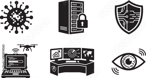 Digital security and surveillance icons silhouette virus server lock shield drone control panel and eye representing cybersecurity data protection