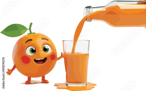 Cute cartoon orange character pouring fresh orange juice into glass from bottle, funny fruit mascot illustration for healthy drink concept, kids design, and packaging